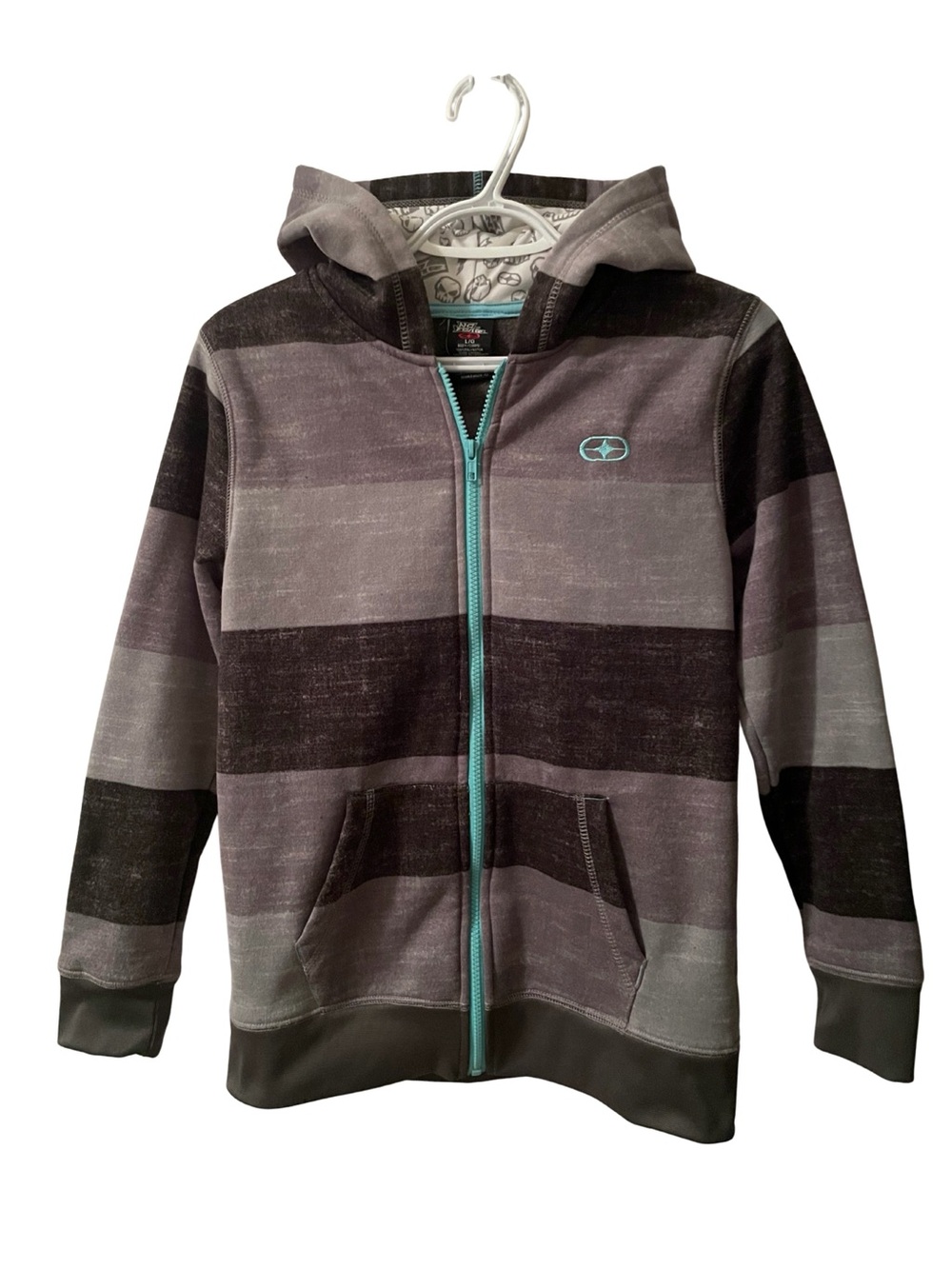 Vintage No Fear Striped Full Zip Fleece Hoodie - Grey/Teal Skater Y2K